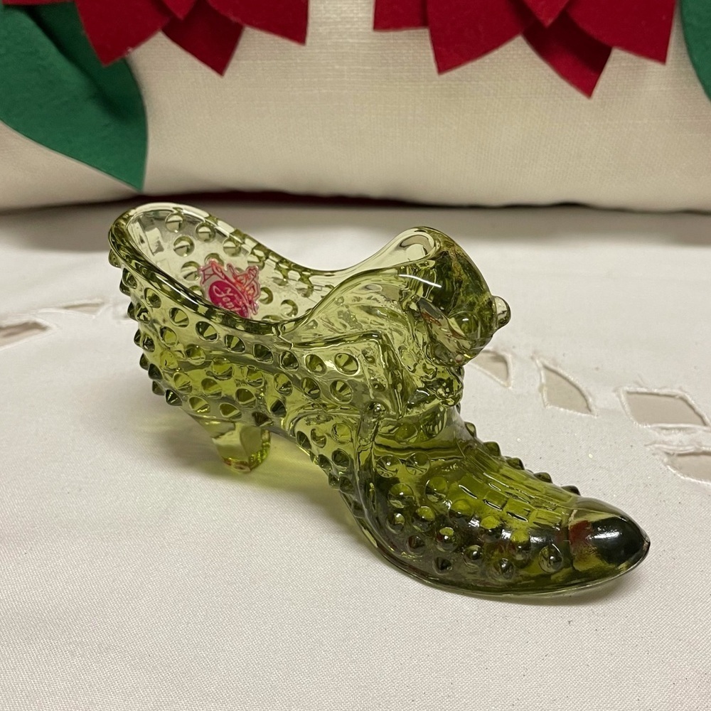 Vintage 1970s Fenton Hobnail Green Victorian Glass Shoe Cat Head